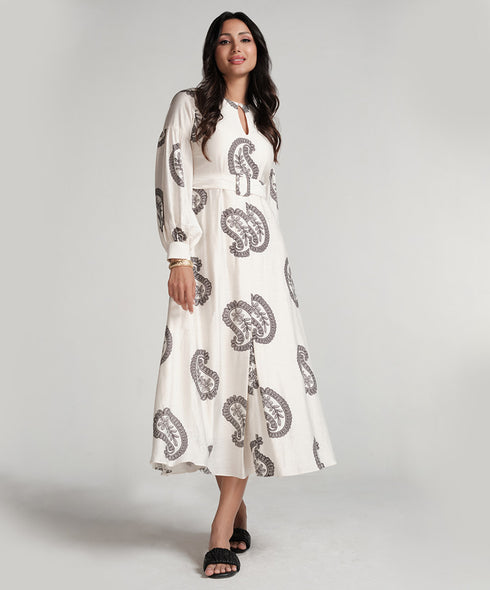 Puffed Sleeve Printed Round Neck Dress-Off White